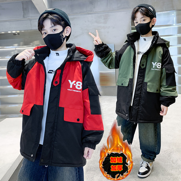 大童男装一米二三四五六年级七九十岁小孩上冬衣服加绒棉厚外套绿