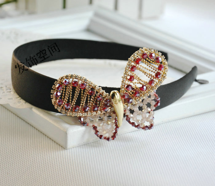 正品发饰头花  韩国水晶串珠蝴蝶发箍头箍发夹纯手工