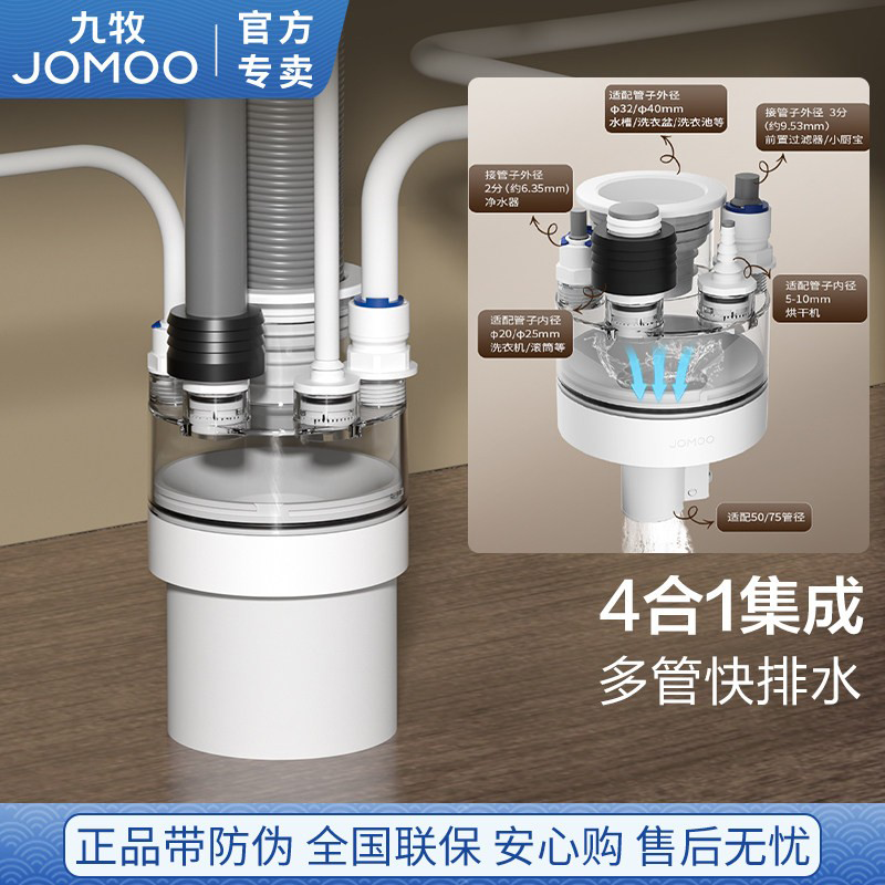 九牧厨房下水管三头通下水道分流器多功能水槽接头排水防返臭神器