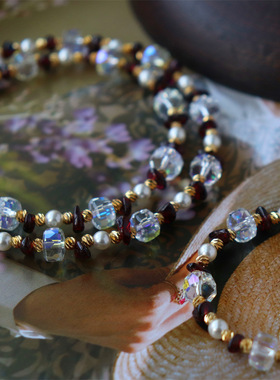 设计新款复古简约夏季小清新天然石榴石混搭仿珍珠切面水晶珠