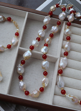 新中式复古7A红玛瑙天然淡水大巴洛克珍珠设计感项链锁骨链毛衣