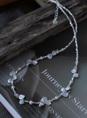 设计新款 不规则碎银子轻奢小众法式巴洛克花瓣珍珠项链锁骨颈链