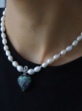 中古风手作巴洛克淡水珍珠爱心天然石吊坠短款项链珍珠锁骨链