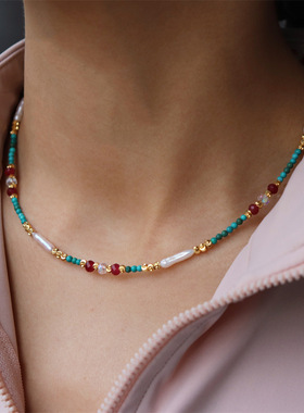 中古风高瓷绿松天然淡水无核巴洛克珍珠项链高级感小众气质锁骨