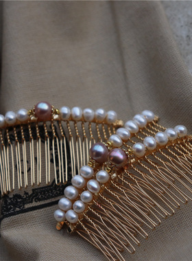 suu 简约气质复古汉服宫廷高亮巴洛克淡水真珍珠20齿倒插发梳卡夹