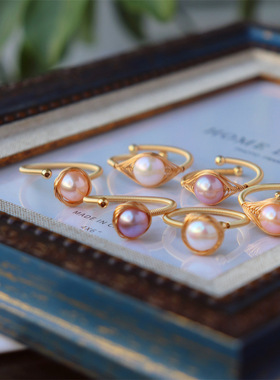 淡水珍珠创意时尚感复古女情侣开口戒指手工绕线小众设计戒指