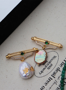 suu 新款新中式气质优雅复古手工贴箔淡水珍珠胸针