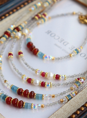 设计款新中式复古多宝切面月光石淡水珍珠海蓝宝红玛瑙手链项链