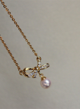suu 轻奢小众蝴蝶结淡水珍珠吊坠项链锁骨链简约冷淡风珍珠颈链