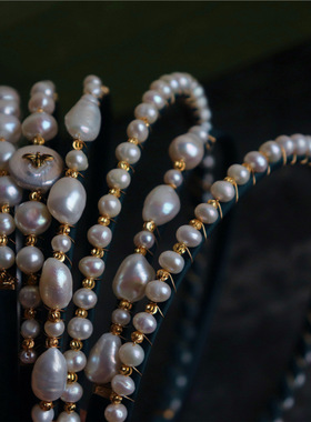 SUU设计款【绿野】系列 淡水巴洛克珍珠法式复古气质墨绿发夹发箍