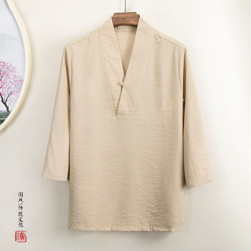 夏季新款风男士七分袖汉服领T恤T56P55,男装T恤,钱塘802