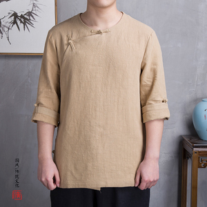 风男装亚麻男士七分袖唐装T恤T55P70图片