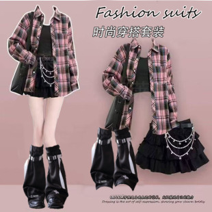 格子吊带一整套黑色三件套黑色蛋糕裙休闲上衣 辣妹套装 夏季 衬衫