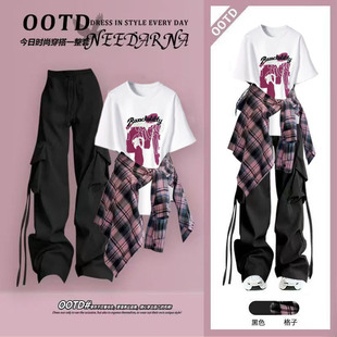 衬衫夏秋一整套t恤多巴胺新款短袖辣妹套装三件套粉黑格子工装裤
