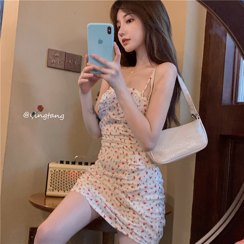 Women's real price floral suspender bag hip show thin Pleated Dress