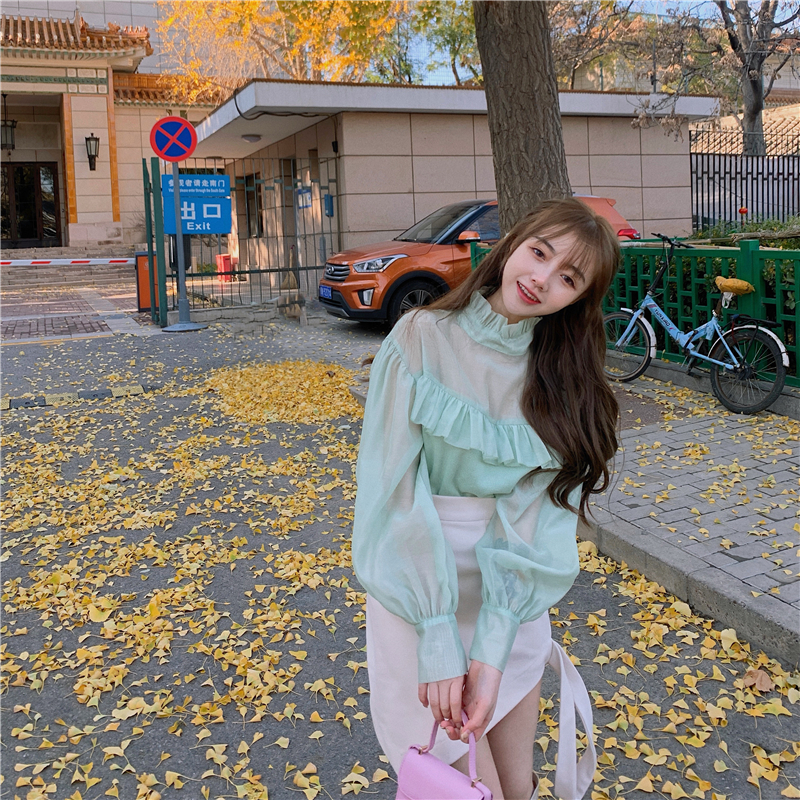 Real shot real price Mint Green Fairy Eugene gauze fungus edge half perspective long sleeve shirt woman