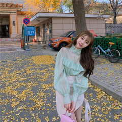 Real shot real price Mint Green Fairy Eugene gauze fungus edge half perspective long sleeve shirt woman