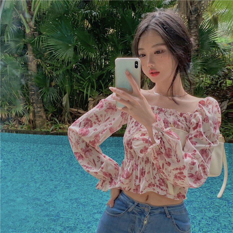 Real price show white broken flower one line collar Lantern Sleeve lady chiffon shirt