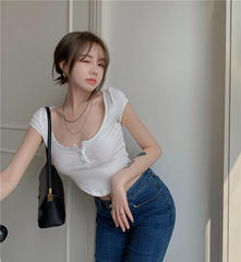 Real price Street Photo Bi super body irregular navel T-shirt girl