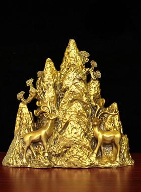 纯黄铜双鹿大靠路顺畅摆件