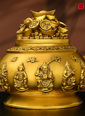 纯铜带盖聚宝盆摆件五路财神聚宝盆大小号家居客厅办公室店铺装饰