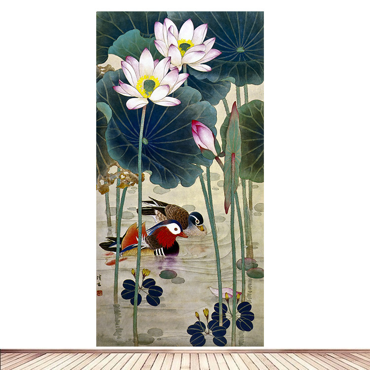 国画荷花莲叶莲花鸳鸯风水招财海报客厅房间玄关背景墙贴画墙画4