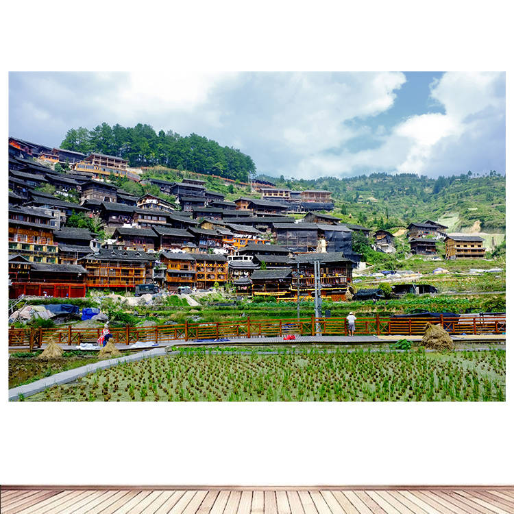 简约现代装饰画贵州西江苗寨建筑风景画海报定制房间餐厅墙贴画4图片