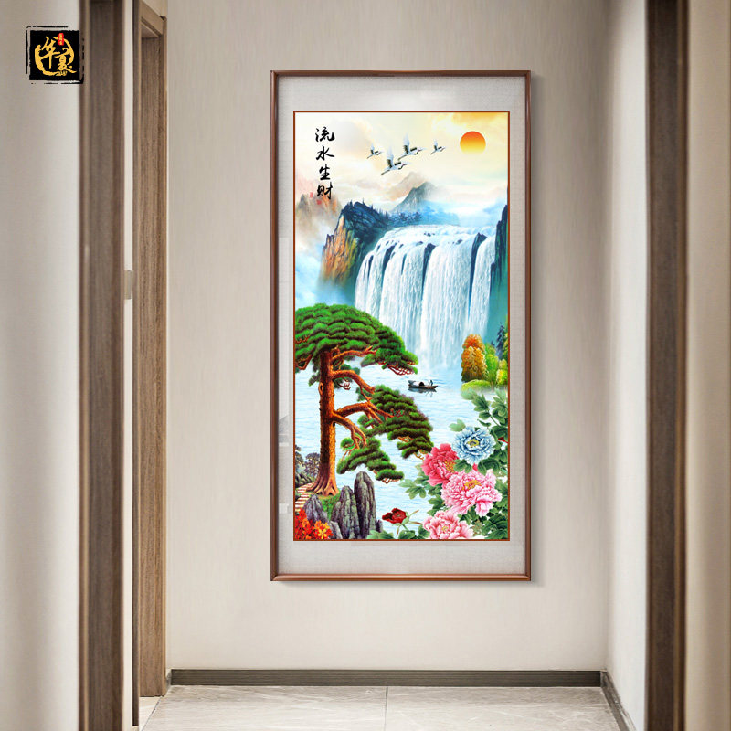 入户玄关装饰画新中式客厅走廊过道竖版招财风水挂画流水生财壁画