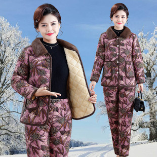 套装 棉衣棉裤 女中老年加绒加厚保暖家居服棉衣两件套 妈妈冬装 时尚