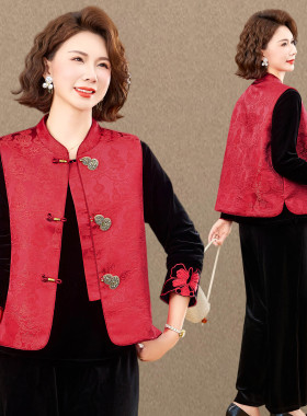 新中式妈妈春装金丝绒套装2026新款中老年人洋气马甲气质三件套女