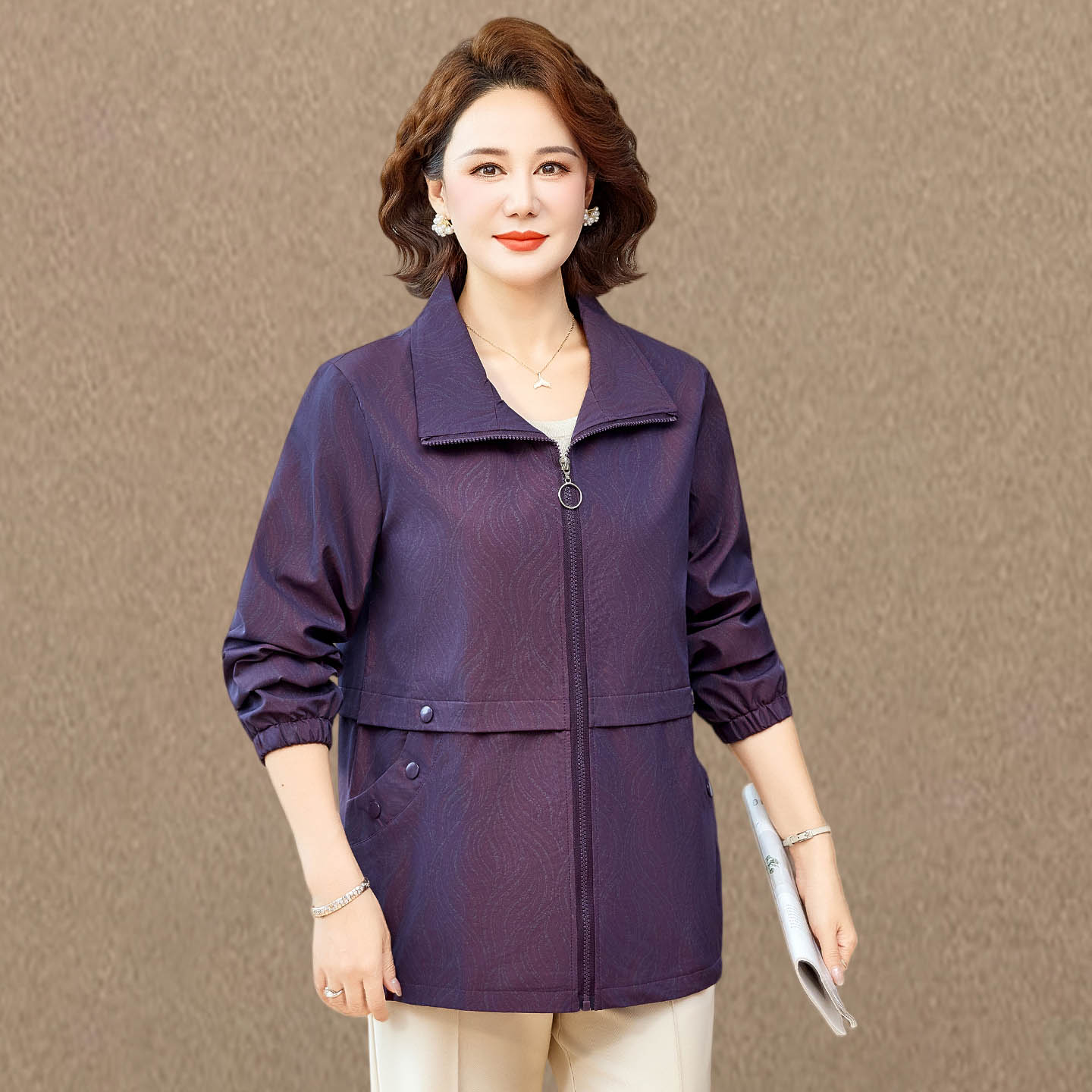 妈妈春秋装翻领拉链夹克外套2026新款中老年女装洋气减龄薄款上衣图片