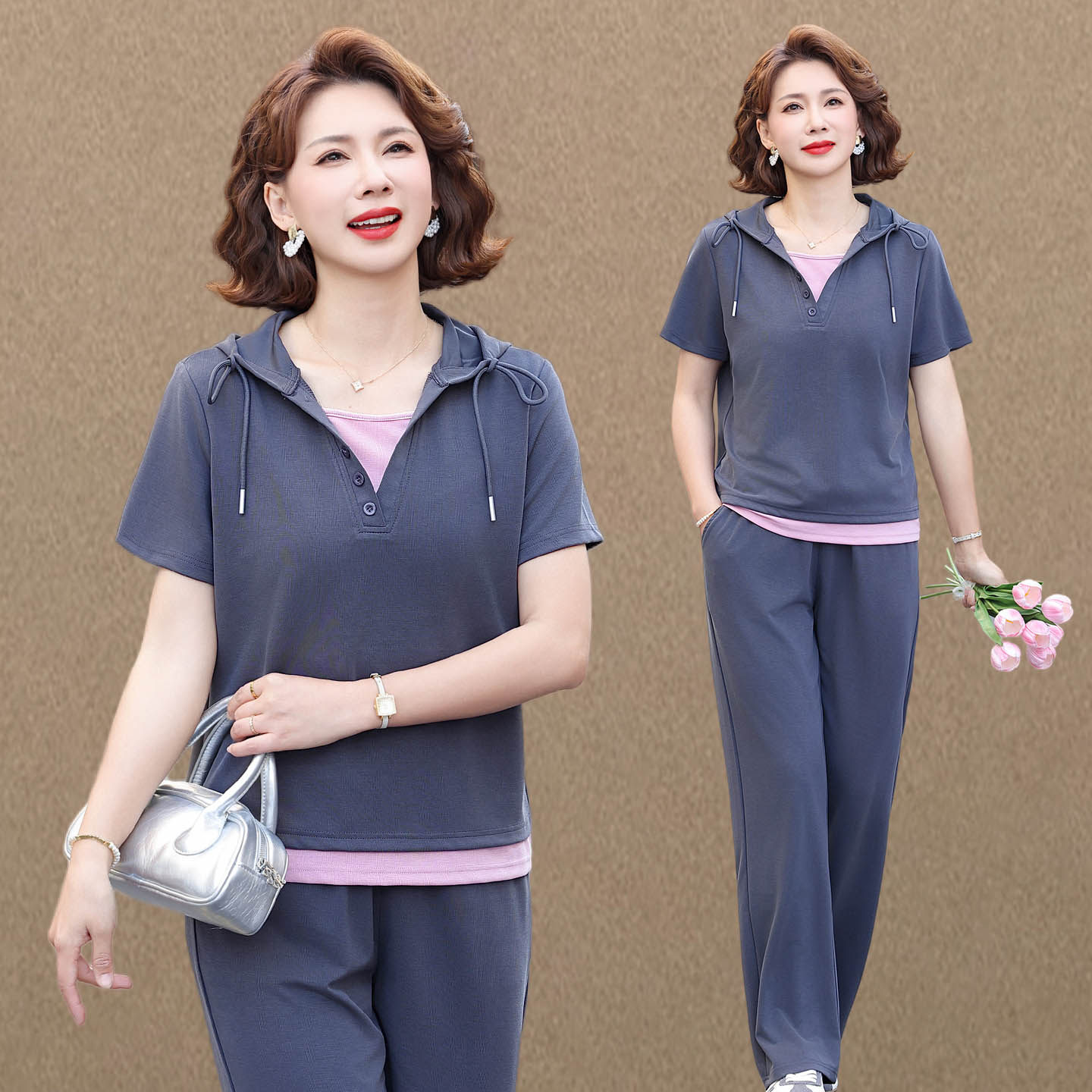 妈妈夏装运动服短袖套装女2026新款洋气中老年遮肚子T恤上衣件套