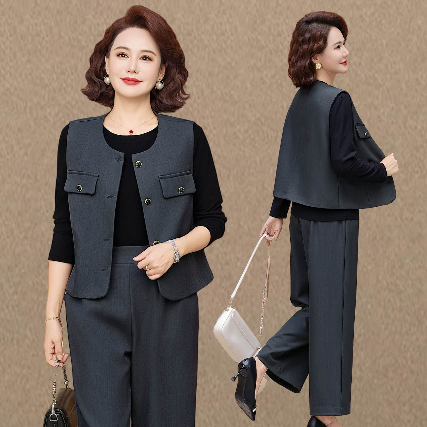 年轻妈妈春秋款时尚套装2025新款中老年洋气马甲T恤上衣三件套女,女装/女士精品,中老年女装,淘宝优惠券,粉丝福利购,淘宝优惠卷