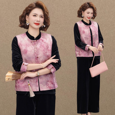 妈妈春装中式国风马甲三件套女2026新款洋气中老年春秋金丝绒套装