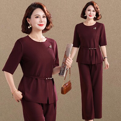 商场同款气质套装妈妈装遮肚显瘦中袖上衣阔腿裤两件套女2025早秋