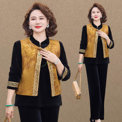 新中式妈妈春秋款金丝绒套装洋气中老年国风马甲三件套女2026新款