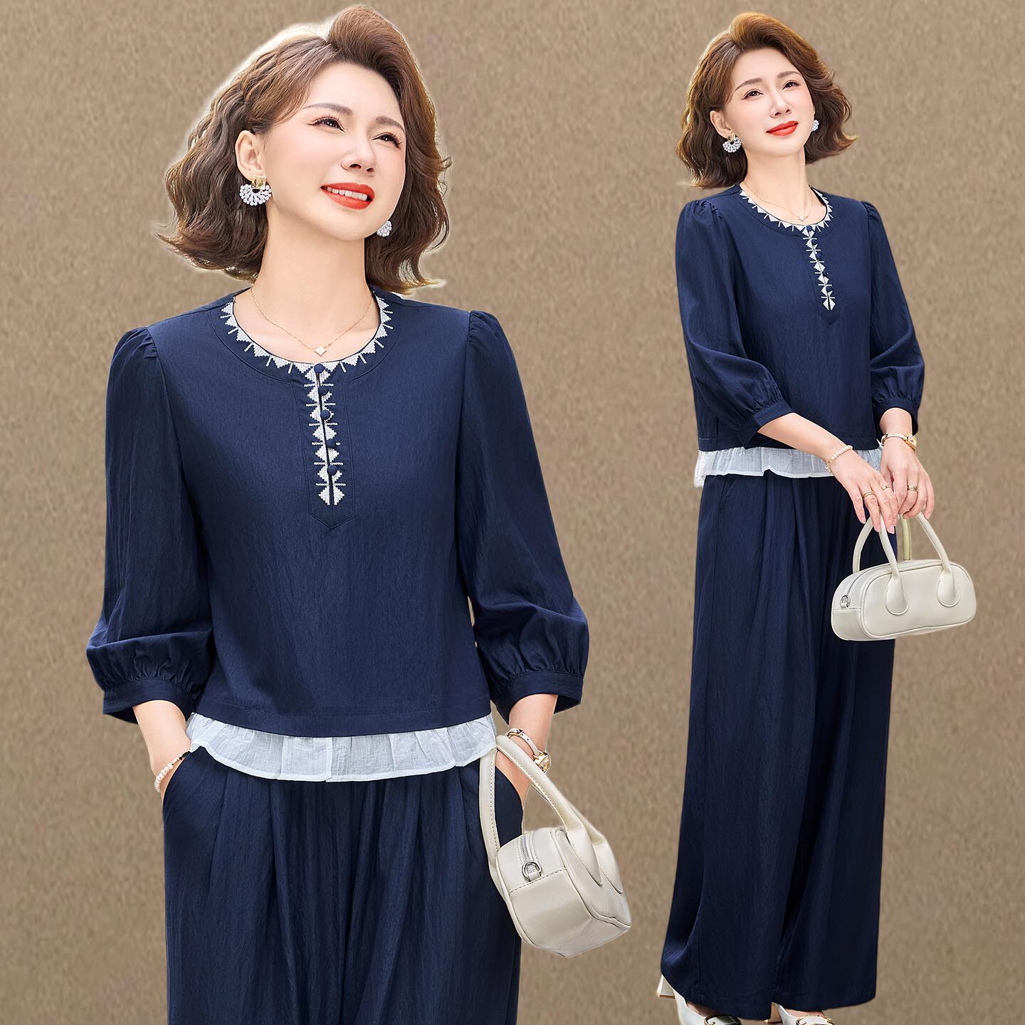 新款妈妈春装时尚套装洋气中老年人宽松上衣阔腿裤两件套女装薄款