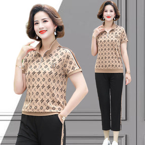 妈妈夏装运动服套装女夏季2023新款洋气中老年夏季短袖上衣两件套