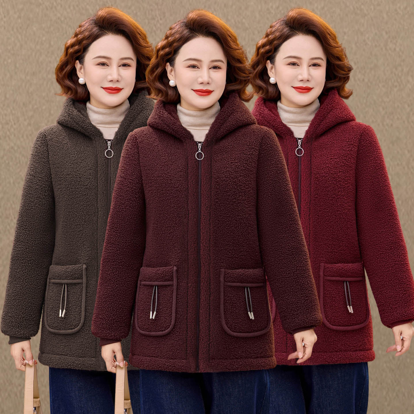 妈妈冬装加绒加厚连帽摇粒绒外套2026新款中老年女装保暖减龄棉衣