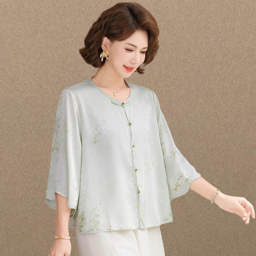 新中式风桑蚕丝衬衫中老年夏季遮肚子小衫上衣妈妈时尚两件套装女