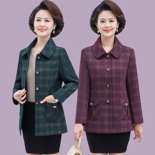 中老年妈妈春秋装格子夹克外套