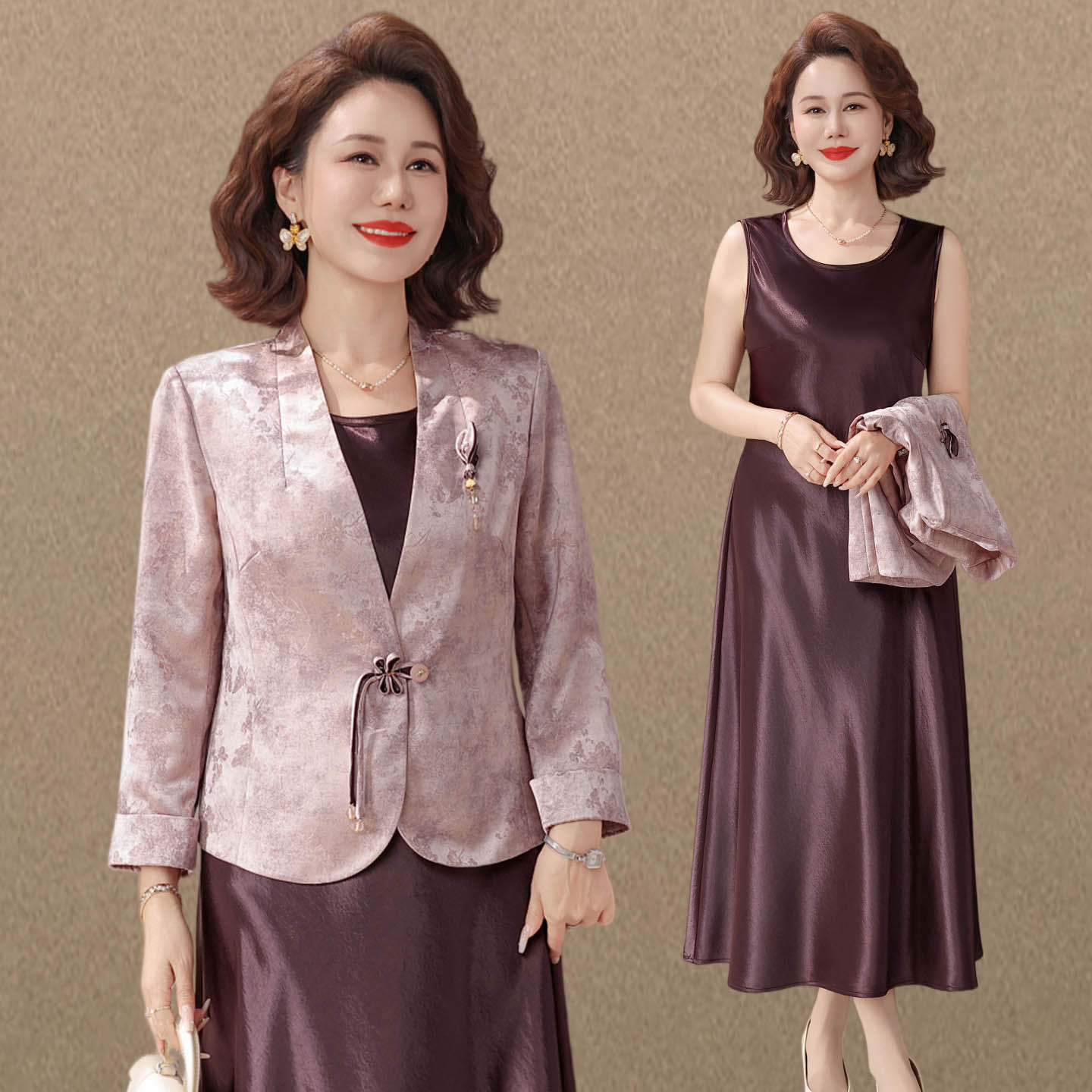 新中式妈妈春装连衣裙两件套2026新款中老年女装高级感中长款裙子