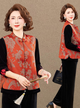 新中式妈妈春秋款盘扣马甲三件套洋气中老年女装气质显瘦两件套装
