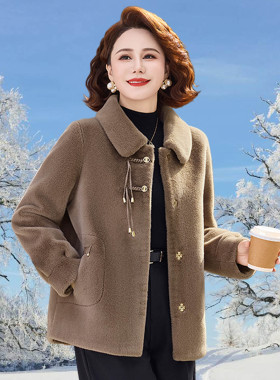 妈妈冬装加厚水貂绒棉服外套老年人秋冬款洋气皮毛一体毛呢大衣女