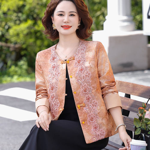 新中式中老年洋气刺绣盘扣开衫外套气质女装妈妈装春秋款薄款上衣