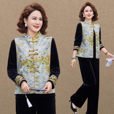 新中式风妈妈装春秋款盘扣马甲三件套中老年女装端庄大气套装国风