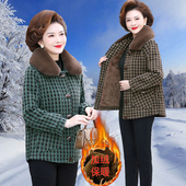 妈妈秋冬装 加绒加厚短外套女小个子格子上衣中老年水貂绒毛呢大衣