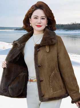 妈妈冬装鹿皮绒保暖外套女短款2026新款中老年人洋气加绒加厚上衣