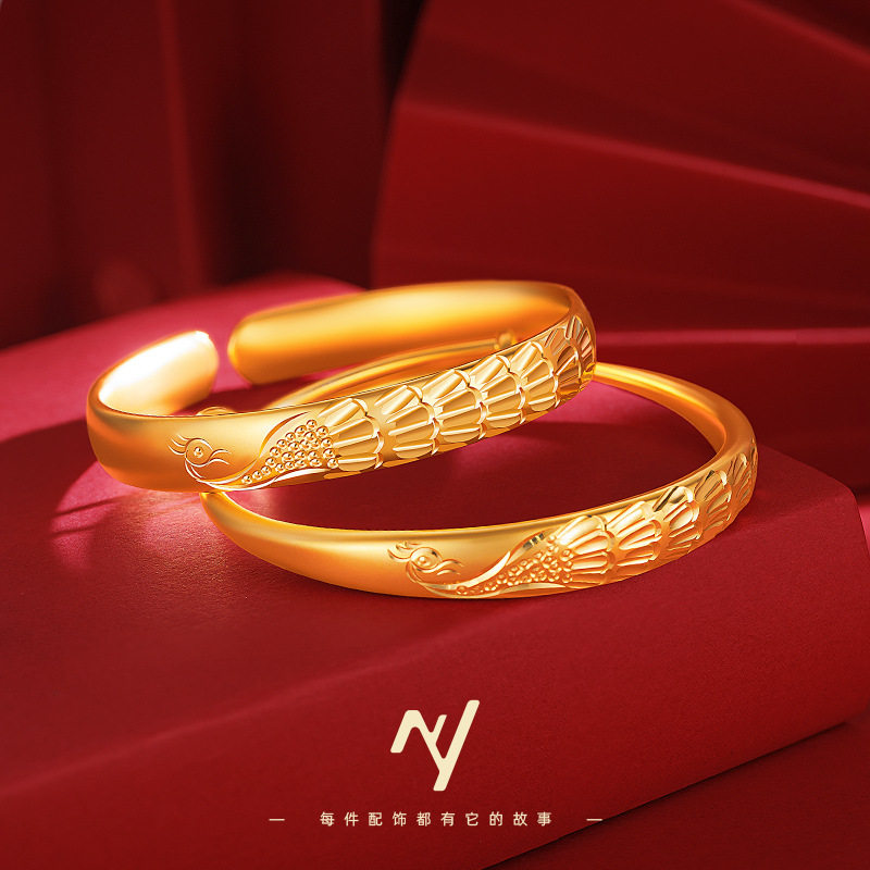 快手抖音直播热款越南沙金精品珍珠镍孔雀开口可调节推拉妈妈手镯