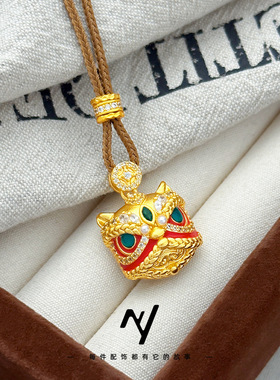 新中式中国风越南沙金珐琅彩古法金珍珠醒狮吊坠女精致编毛衣项链
